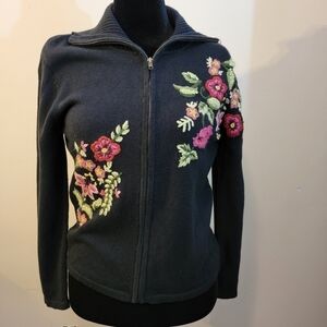 Tiara International Vintage Embroidered Zip Up Sweater Size M